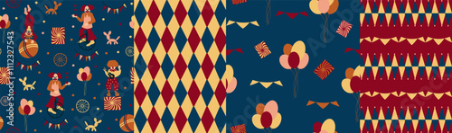 Set of seamless pattern. Colorful circus background, funny clowns, jugglers, acrobats, cheerful carnival