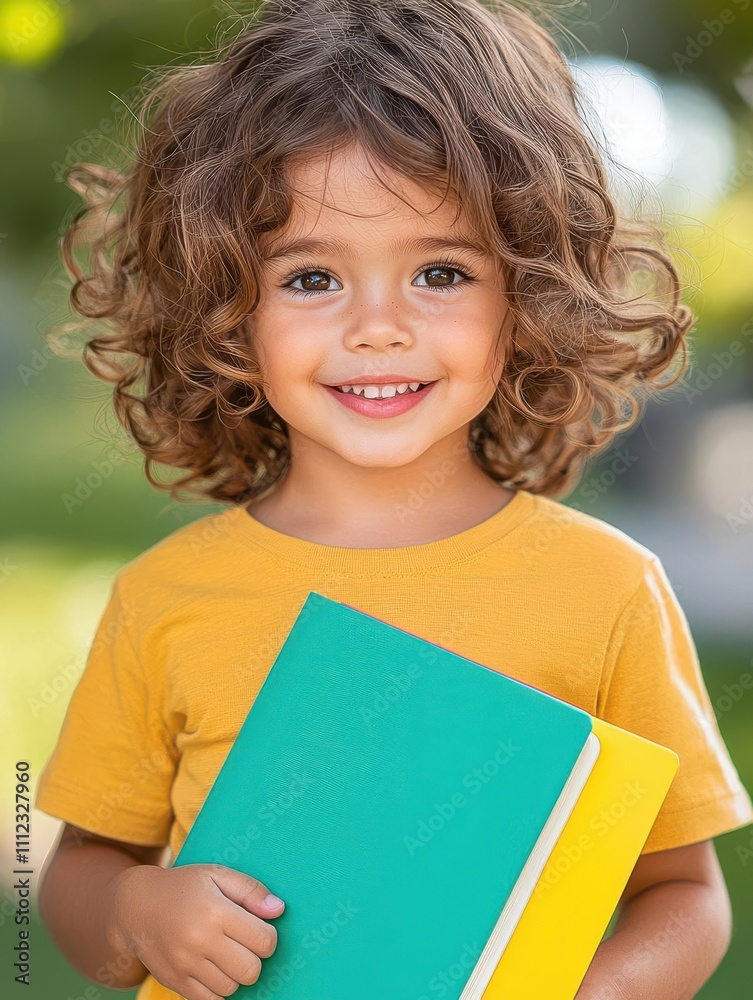 Obraz premium A cheerful child holding a brightly colored folder