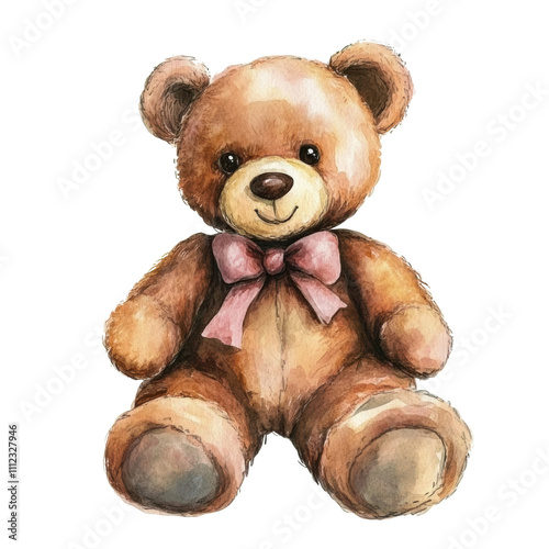 Cute teddy bear with a pink bow sitting comfortably