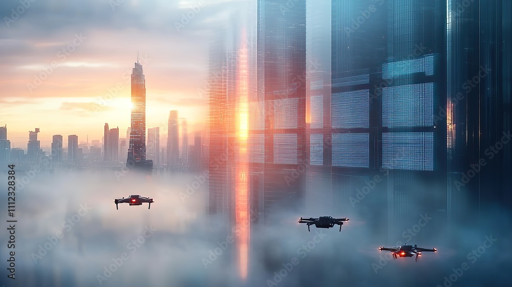 A ceasefire agreement bringing peace and resolution to the conflict. Futuristic Cityscape with Drones Flying Above Foggy Urban Landscape at Sunset A ceasefire agreement bringing peace and resolution to the conflict. Futuristic Cityscape with Drones Flying Above Foggy Urban Landscape at Sunset