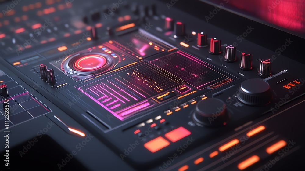 Obraz premium A futuristic DJ booth with solar panels as part of its design The panels power dynamic holographic visuals and surroundsound speakers that pulse in time with the music