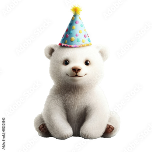 Cute polar bear cub celebrating birthday in party hat