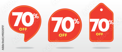 70% discount. Red price tag. Coupon, voucher. Creative design poster, marketing. Sale special offer. Advertising campaign, retail, sticker, announcement. Online shop, value, percent. Set, vector