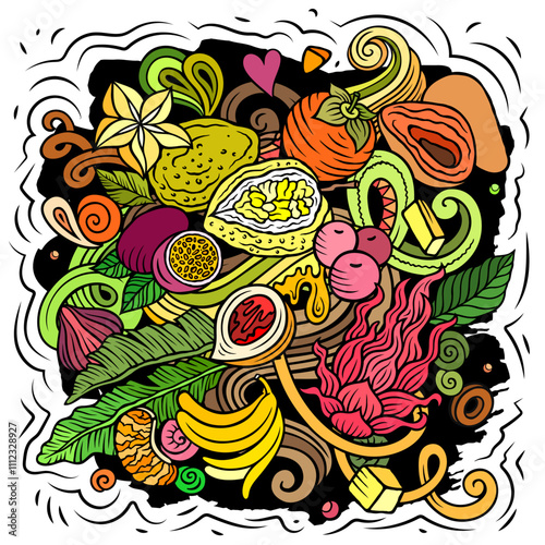 Exotic Fruits cartoon vector doodles illustration. Tropical food elements and objects background.