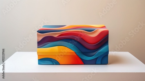 A stylish gift cardbox featuring a modern, abstract design with vibrant colors, beautifully displayed on a white table against a pure white background