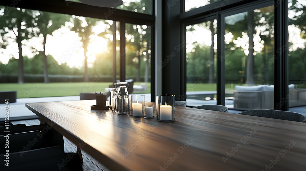 Cozy Dining Room A warm and inviting dining space with a rustic wooden table, mismatched chairs, and candlelight Large windows show a view of a forest Cozy Dining Room A warm and inviting dining space with a rustic wooden table, mismatched chairs, and candlelight Large windows show a view of a forest