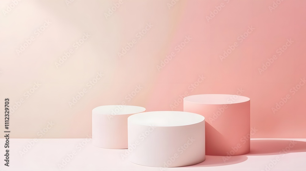 Three cylindrical pedestals in soft pastel colors against a gradient background.