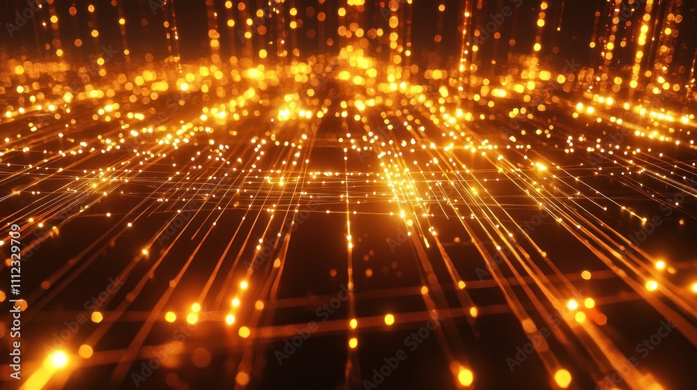 Dynamic golden light particles abstract space digital artwork futuristic environment wide angle view