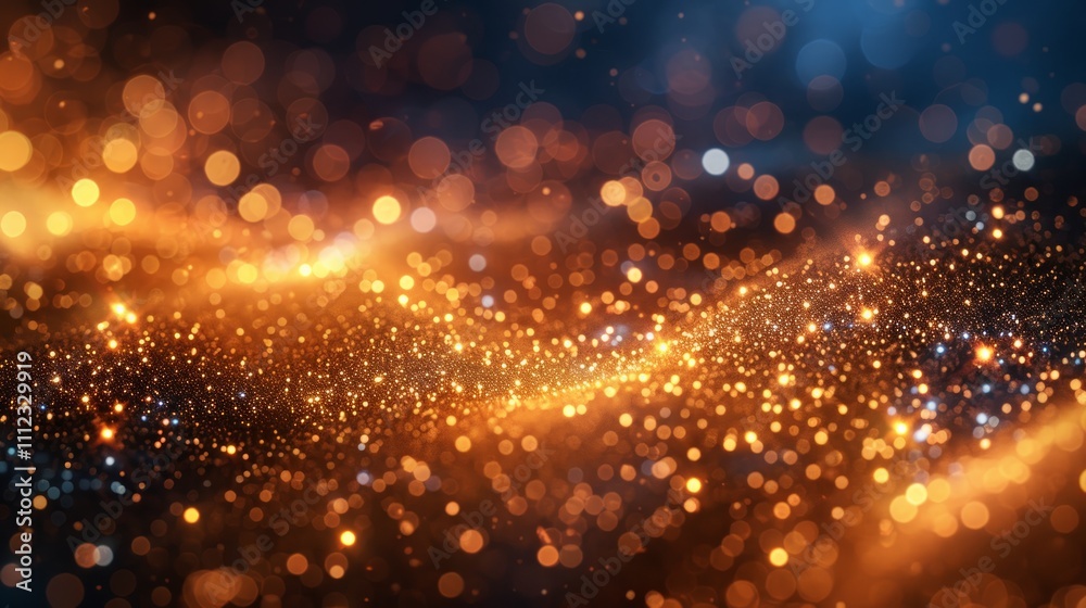 Fototapeta premium Abstract golden and blue bokeh lights, glittering particles flowing in wave motion.