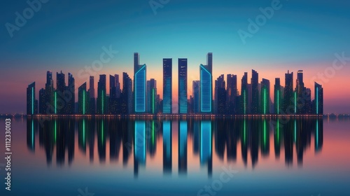 Modern skyline reflection at dusk with vibrant colors and striking architecture.