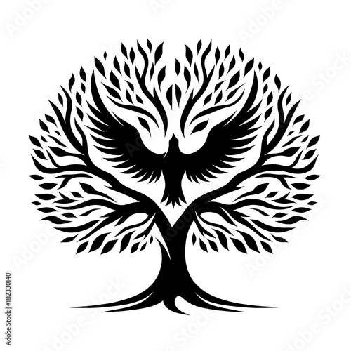 A stylized tree with a phoenix at its center. photo