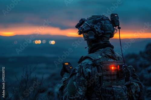 A military reconnaissance operative uses advanced technology to gather intelligence in the field. Equipped with night vision goggles, the drone controller photo