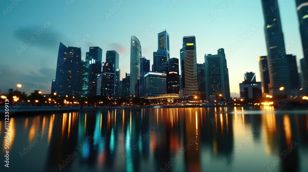 Fototapeta premium City skyline at dusk reflecting on water, vibrant lights and modern architecture.