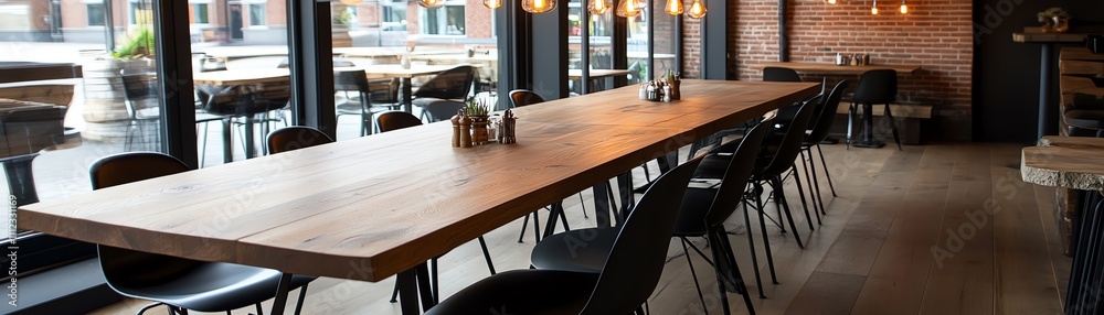 Industrial Dining Space A dining area with exposed brick walls, metal chairs, and a long polished wood table Hanging Edison bulbs add a warm glow Industrial Dining Space A dining area with exposed brick walls, metal chairs, and a long polished wood table Hanging Edison bulbs add a warm glow