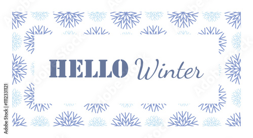 Hello winter. 1st December as a symbol of winter beginning. Hand drawn vector illustration in flat style. Blue snowflakes background. Vector web banner, greeting card, snowfall design, square frame