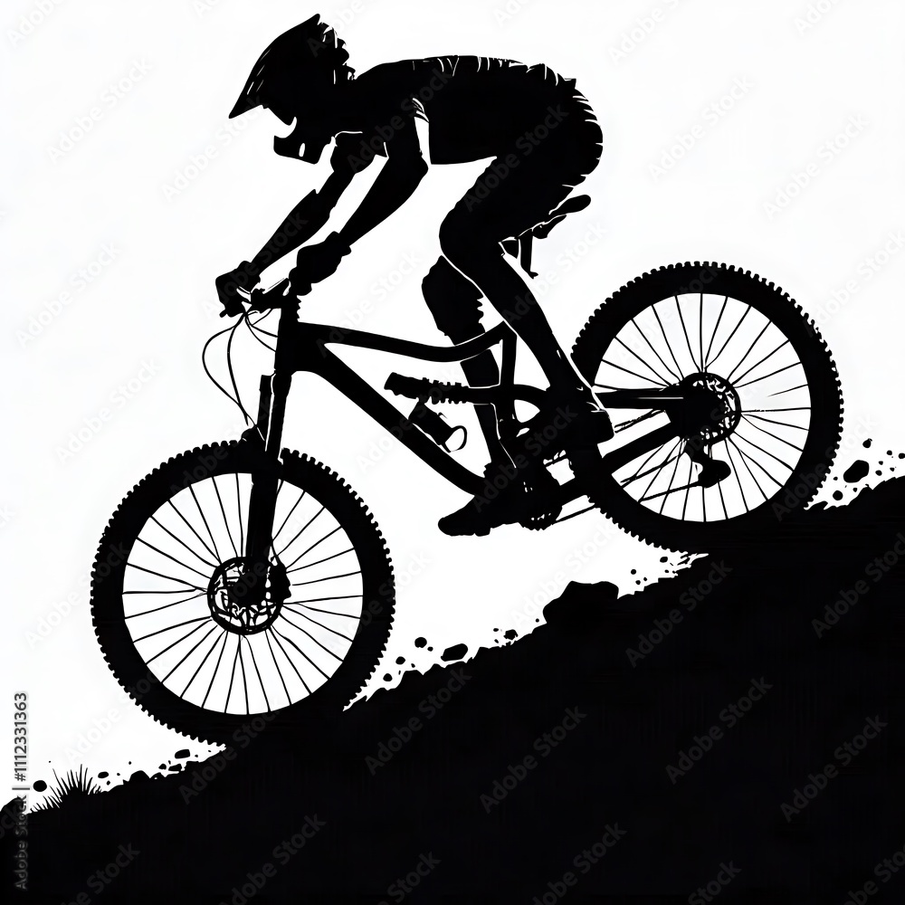 Fototapeta premium Silhouette of a mountain biker ascending a slope.
