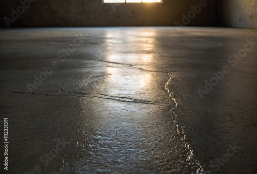 polished cement floor reflecting soft ambient light, creating depth photo