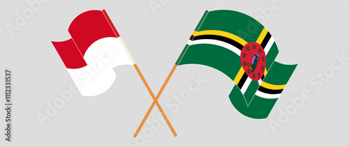 Crossed and waving flags of Monaco and Dominica. Vector illustration