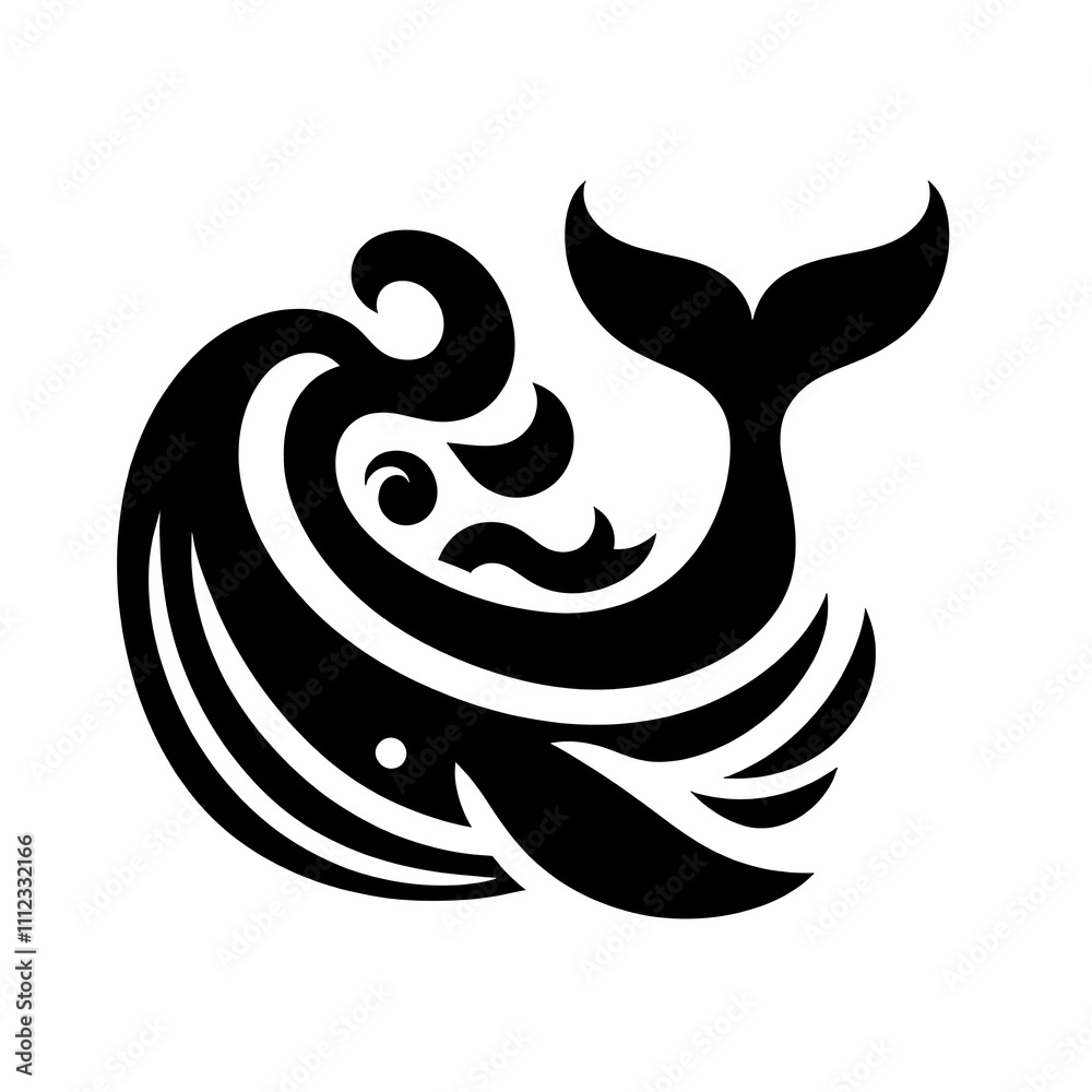 Stylized black whale design with waves. Stylized black whale design with waves.