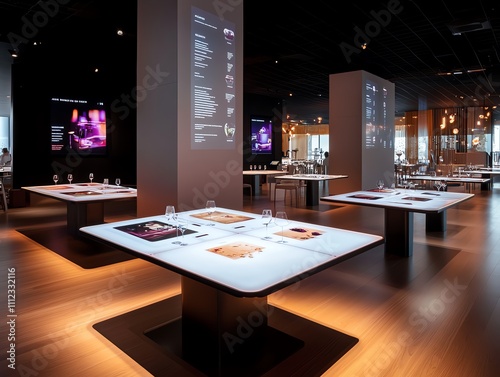 Quantum Dining Room A hightech dining space with tables made of shifting light particles, reflective metallic walls, and menus projected directly onto the table surfaces