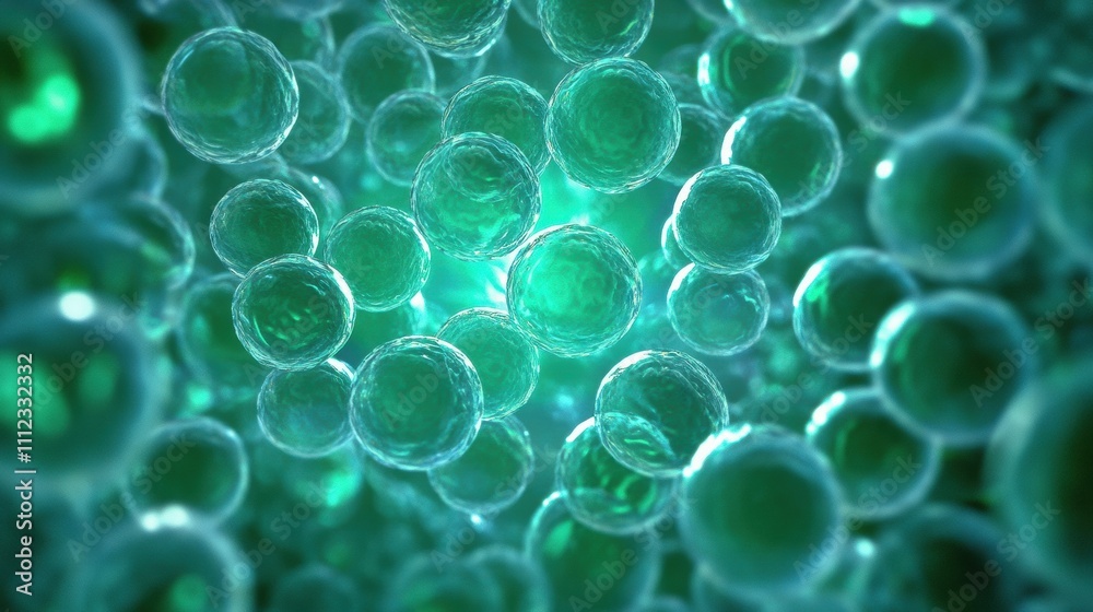 Close-up view of green cells in a microscopic environment, showcasing biological structures. Close-up view of green cells in a microscopic environment, showcasing biological structures.