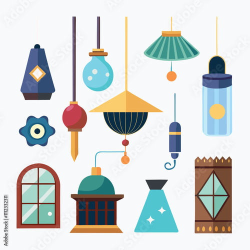 Diverse Collection of Hanging Lamps, Stylish Lighting Fixtures, and Windows.