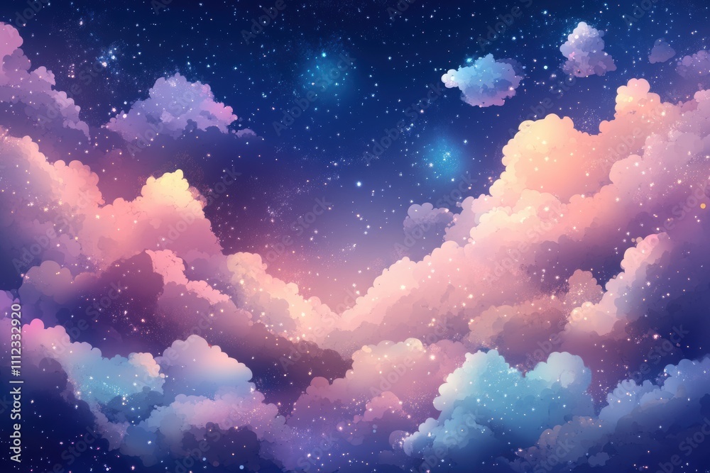 Fototapeta premium Magical night sky with pastel clouds, sparkling stars, glowing l