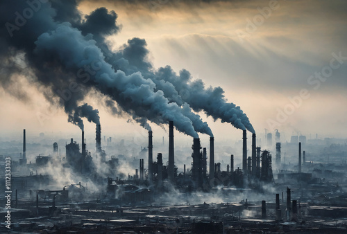 polluted cityscape with smog hanging heavily over industrial buildings