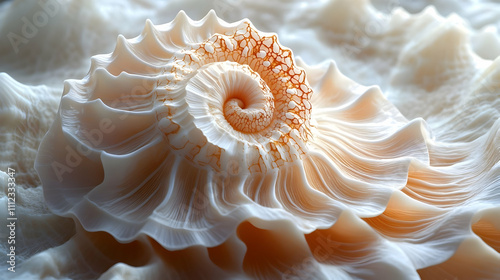 A macro photograph capturing the intricate details of a seashell's spiral structure, showcasing its natural texture, patterns, and subtle color variations photo