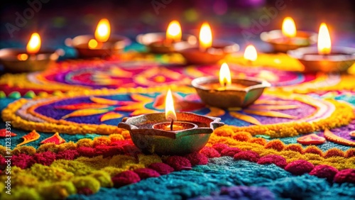 Diwali oil lamps lit on colorful rangoli , Diwali, Deepawali, festival, Indian, oil lamps, candles, rangoli, lights