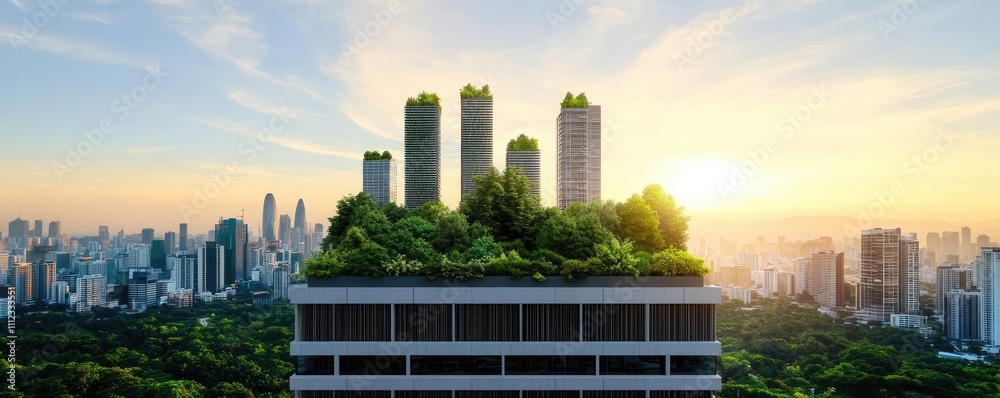 Fototapeta premium Modern green building with plants and skyline at sunset, urban sustainability concept.