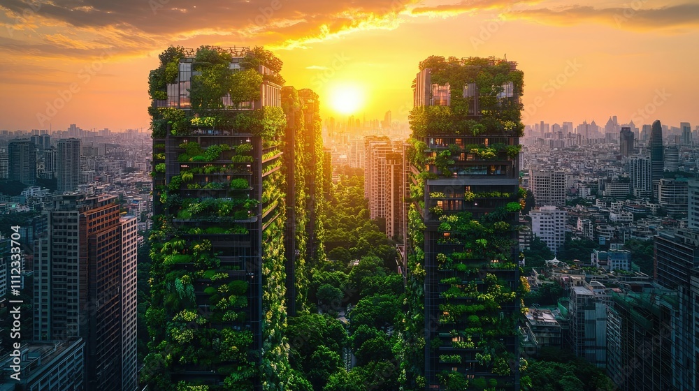 Obraz premium Skyline of green buildings at sunset in a vibrant urban setting.