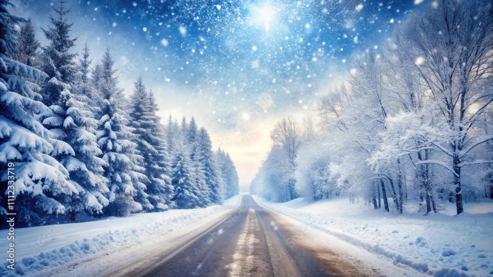 Snow-covered road with falling snowflakes creating a serene winter scene , winter, snow, road, snowflakes, cold, serene, landscape Snow-covered road with falling snowflakes creating a serene winter scene , winter, snow, road, snowflakes, cold, serene, landscape