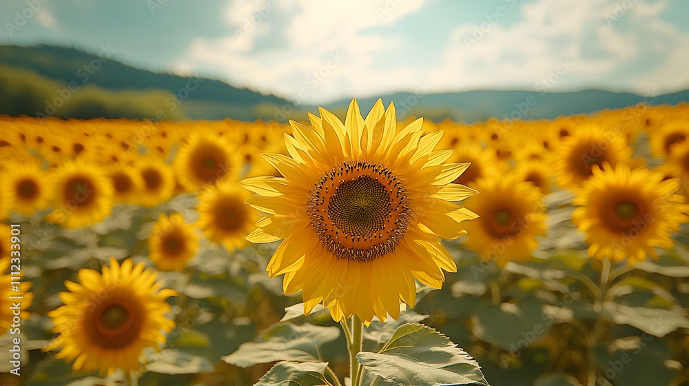 Obraz premium A vast sunflower field glowing under the golden hour sunlight with a serene mountain backdrop.