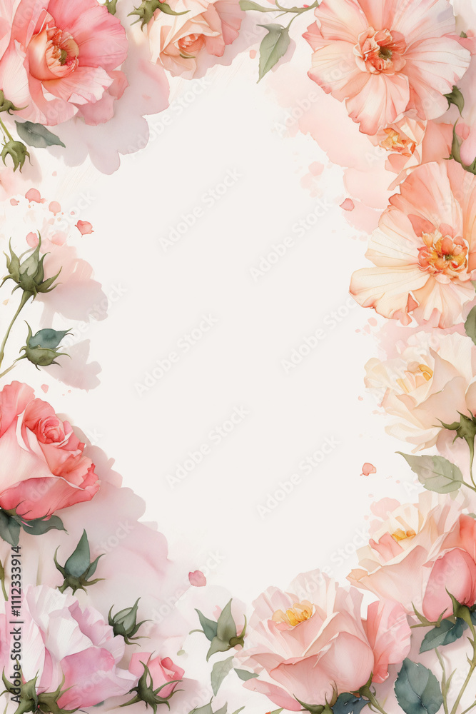 A delicate floral border featuring soft pink and peach flowers, creating an elegant frame for text or images, suitable for invitations and decorative designs. A delicate floral border featuring soft pink and peach flowers, creating an elegant frame for text or images, suitable for invitations and decorative designs.