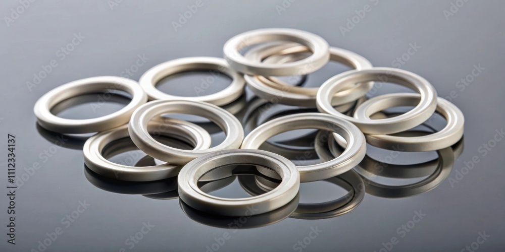 Teflon ring seals on gray background with reflection , engineering, industrial, technology, mechanical, equipment Teflon ring seals on gray background with reflection , engineering, industrial, technology, mechanical, equipment