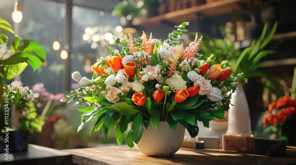 Vibrant floral arrangement with tulips and greenery Vibrant floral arrangement with tulips and greenery