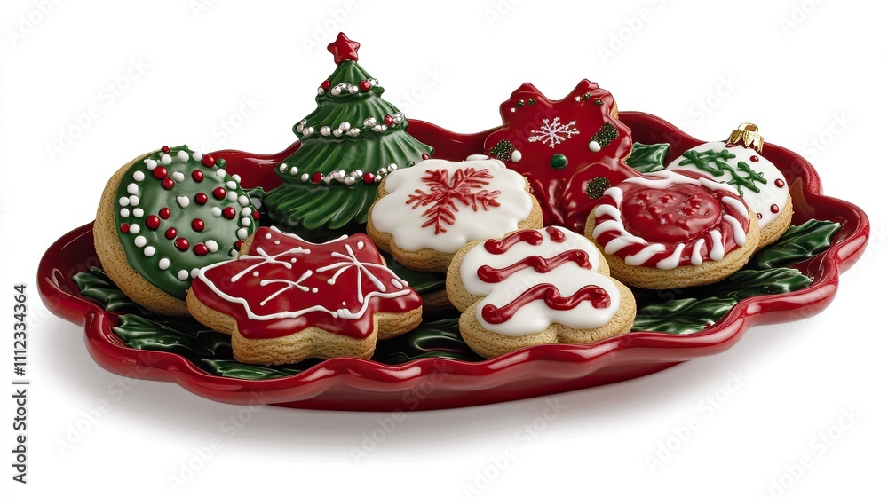 A beautifully decorated Christmas cookie platter, featuring various shapes and designs, set against a white background. A beautifully decorated Christmas cookie platter, featuring various shapes and designs, set against a white background.