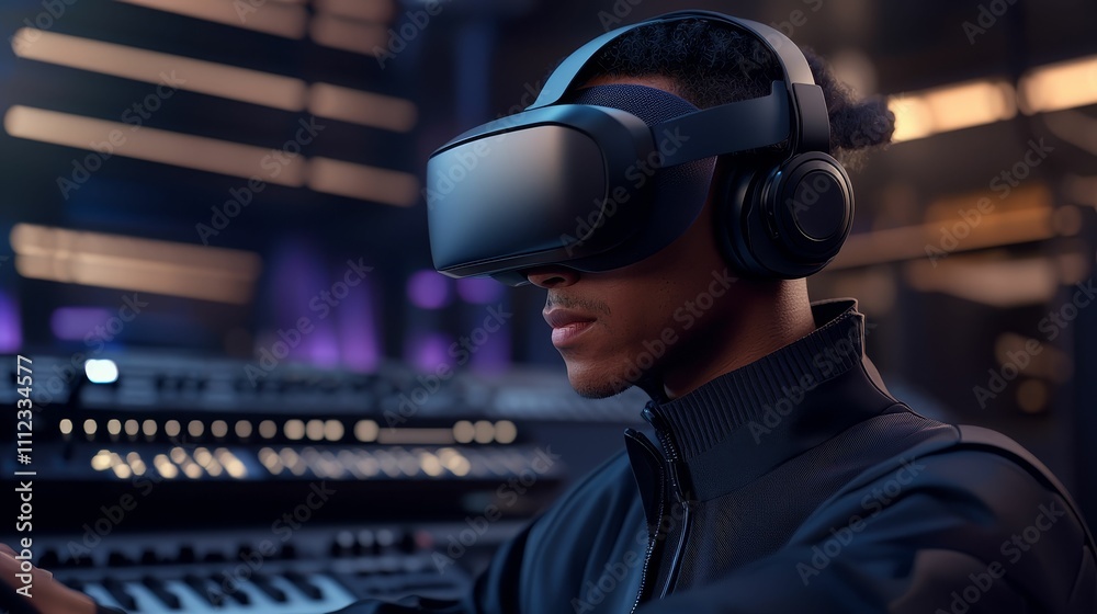 metaverse virtual world economy concept, A focused individual wearing a VR headset engages with music production equipment in a modern, tech-inspired environment. metaverse virtual world economy concept, A focused individual wearing a VR headset engages with music production equipment in a modern, tech-inspired environment.