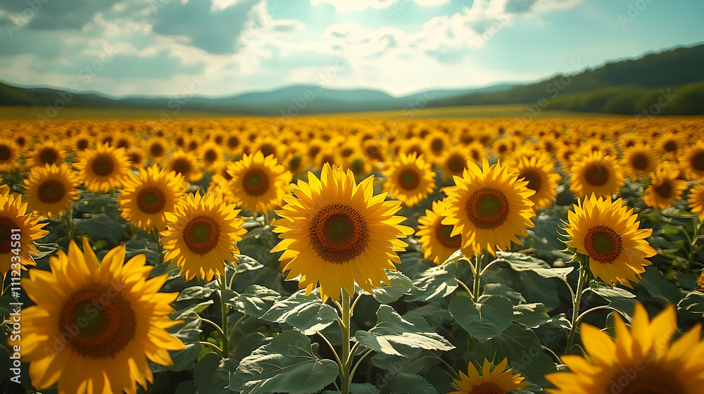 Fototapeta premium A vast sunflower field glowing under the golden hour sunlight with a serene mountain backdrop.