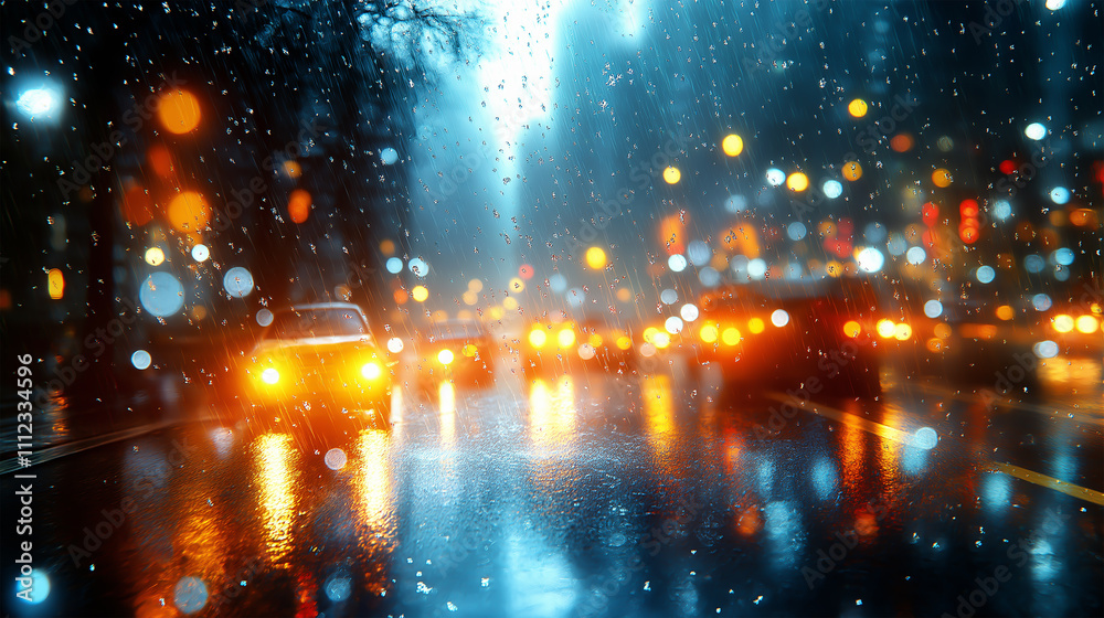 Fototapeta premium Rainy Night in the City with Glowing Traffic Lights and Reflections on the Wet Streets