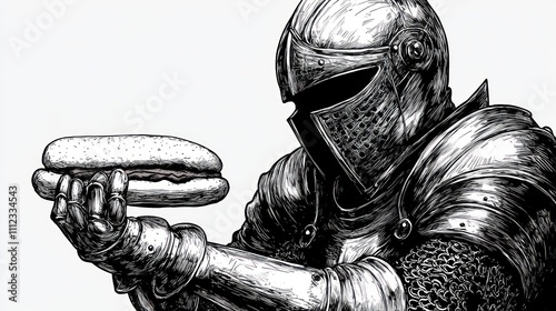 Medieval Knight Offering a Hot Dog: A Humorous Digital Illustration photo