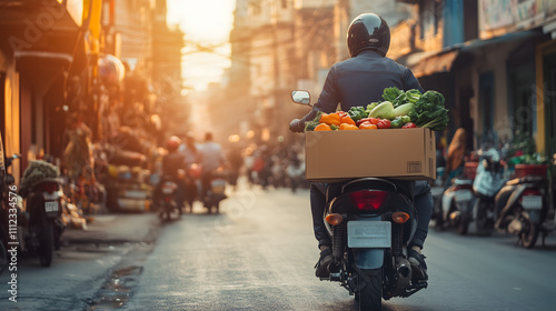 Motorbike with 'Quick Commerce' Delivery Box in Indian Urban Street – Fresh Grocery Delivery Concept
