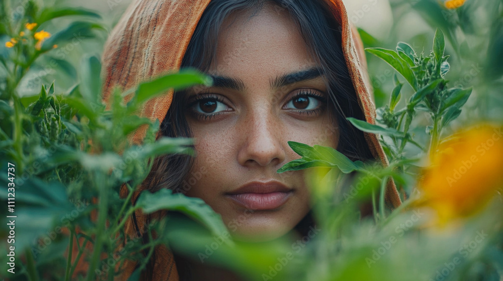 Portrait of beautiful indian woman behind leaves Portrait of beautiful indian woman behind leaves