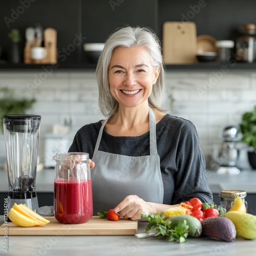 Smiling woman blending fresh smoothie, healthy lifestyle.