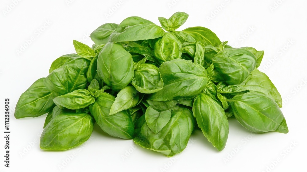 A bunch of fresh basil isolated on a white background, emphasizing its aromatic nature. A bunch of fresh basil isolated on a white background, emphasizing its aromatic nature.