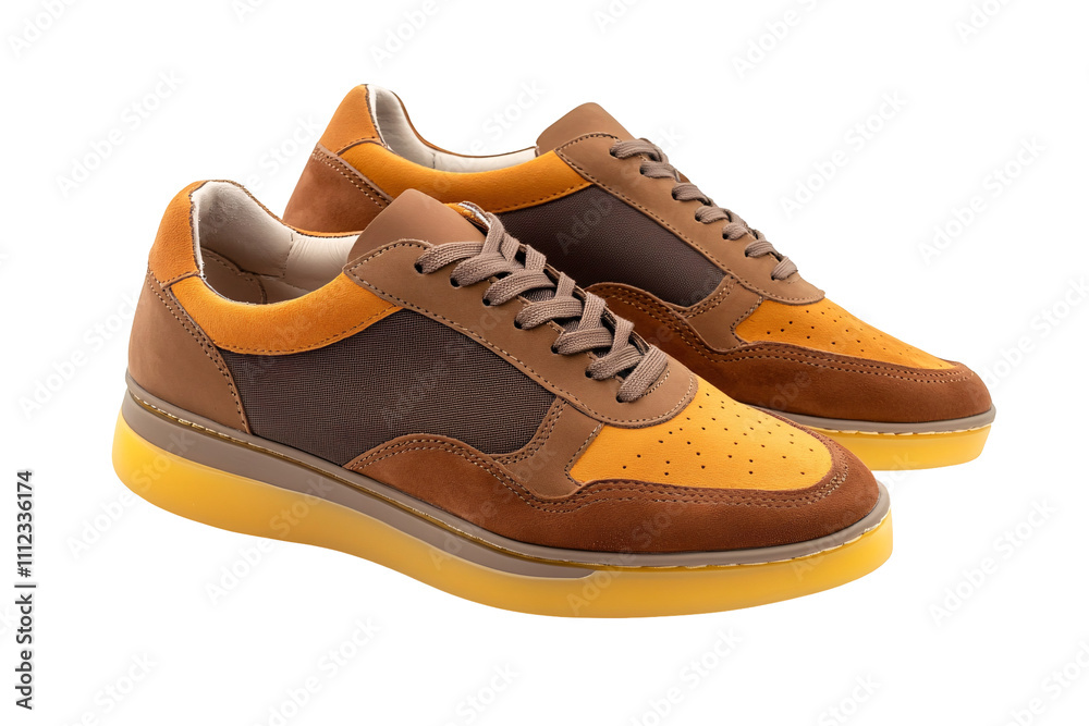 a pair of brown and yellow shoes