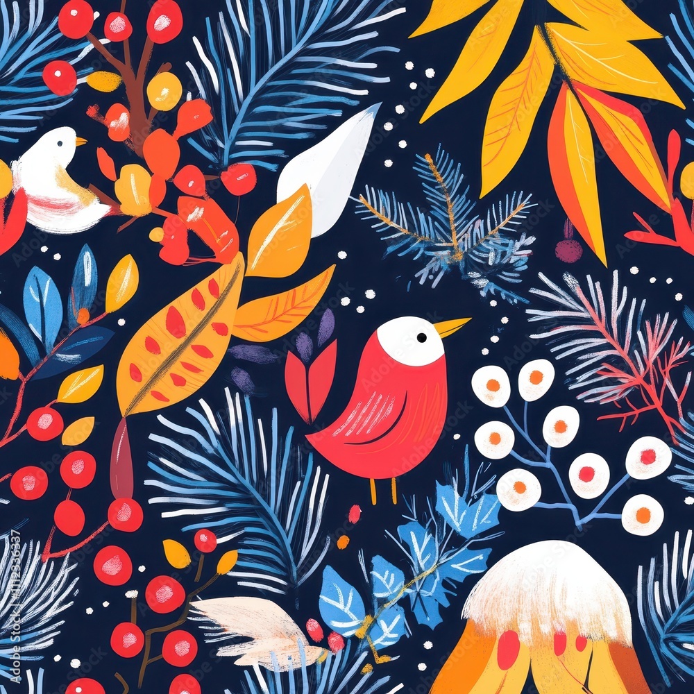 Naklejka premium Festive nature-inspired design, vibrant winter palette, flat design illustration