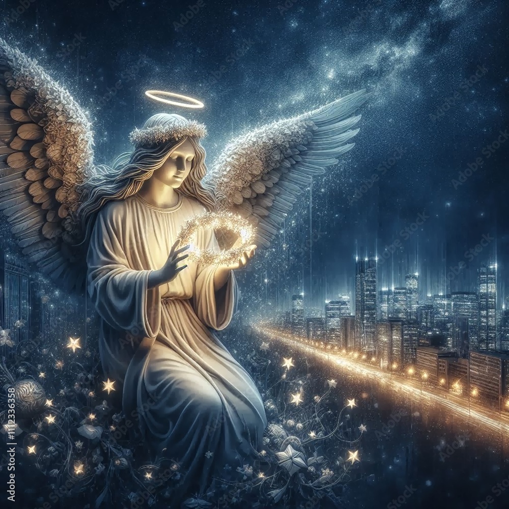 Angel with a garland of stars against a night cityscape. Free text space at the bottom. Perfect for urban Christmas events Angel with a garland of stars against a night cityscape. Free text space at the bottom. Perfect for urban Christmas events