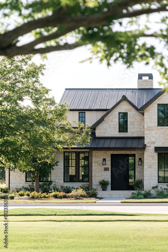 The exterior front view of an elegant two-story modern farmhouse-style home in rural Texas overlooks a large lawn with trees and shrubs. The house has black windows, pale stone walls on all sides.